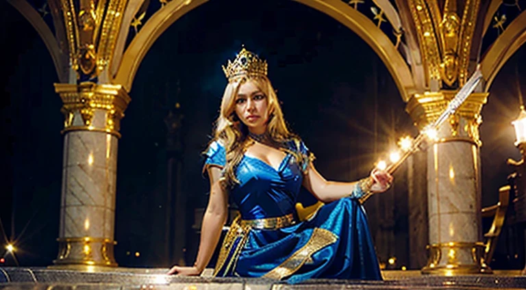 BLONDE PRINCESS WITH PERFECT AND BEAUTIFUL GOLDEN EYES WITH DIAMOND CROWN IN A BLUE DRESS WITH GOLD, FLYING ON TOP OF THE DRAGON.