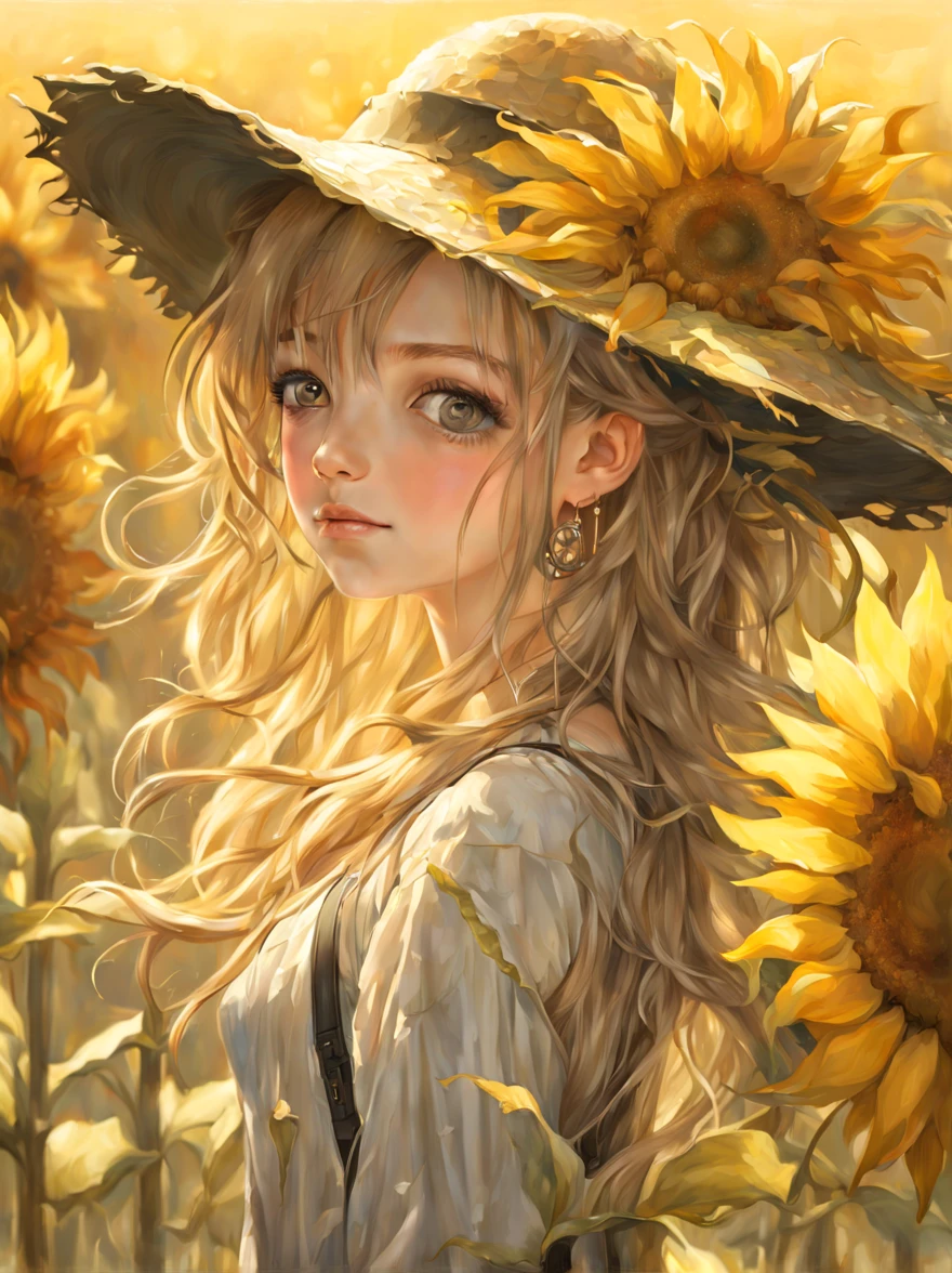 (Oil painting, heavy brush strokes, paint splashes), Meticulous details, intricate details, ((middle shot portrait:1.6)), 1girl with sunflowers in her hair and a straw hat, 2brains, cornfield, star, surreal dreamscape, sunflowers, clean detailed portrait, trending on artstation, cell shaded, dynamic lighting, DDIM, WLOP, unreal engine, global illumination, detailed and intricate environment, intricate painting, HD, captivating, Extraordinary, Phenomenal, Remarkable, Aesthetic, Artistic, Enchanting, Sophisticated , Beautiful, Gorgeous, Exquisite, Breathtaking, ((masterpiece)), (((best quality))), ((ultra detail)), UHD, 8K, (((high definition))), ((illustration)), ((extremely realistic)), (reflections). deep colors. Cell layered image. Beautiful face, perfect anatomy, perfect eyes, detailed eyes, golden ratio, award-winning, professional, highly detailed, centered, symmetry, painted, intricate, volumetric lighting, gorgeous, masterpiece, sharp focus, depth of field, perfect composition, award winner, high resolution 8k, pixiv trends, artstation, acrylic painting, pixiv trends fanbox, palette and brushstrokes, oil painting by Michelangelo Buonarroti, Brian Froud, Rembrandt, Jenny Saville