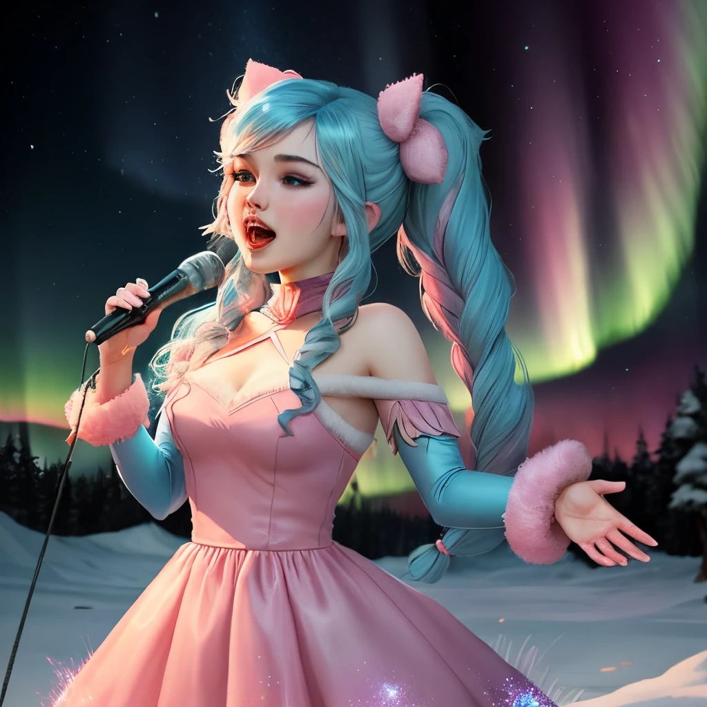 League of legends, splash art, pink long haired girl in pigtails half up half down glittery, in a sparkly pastel blue dress, aurora borealis, snowy, singing