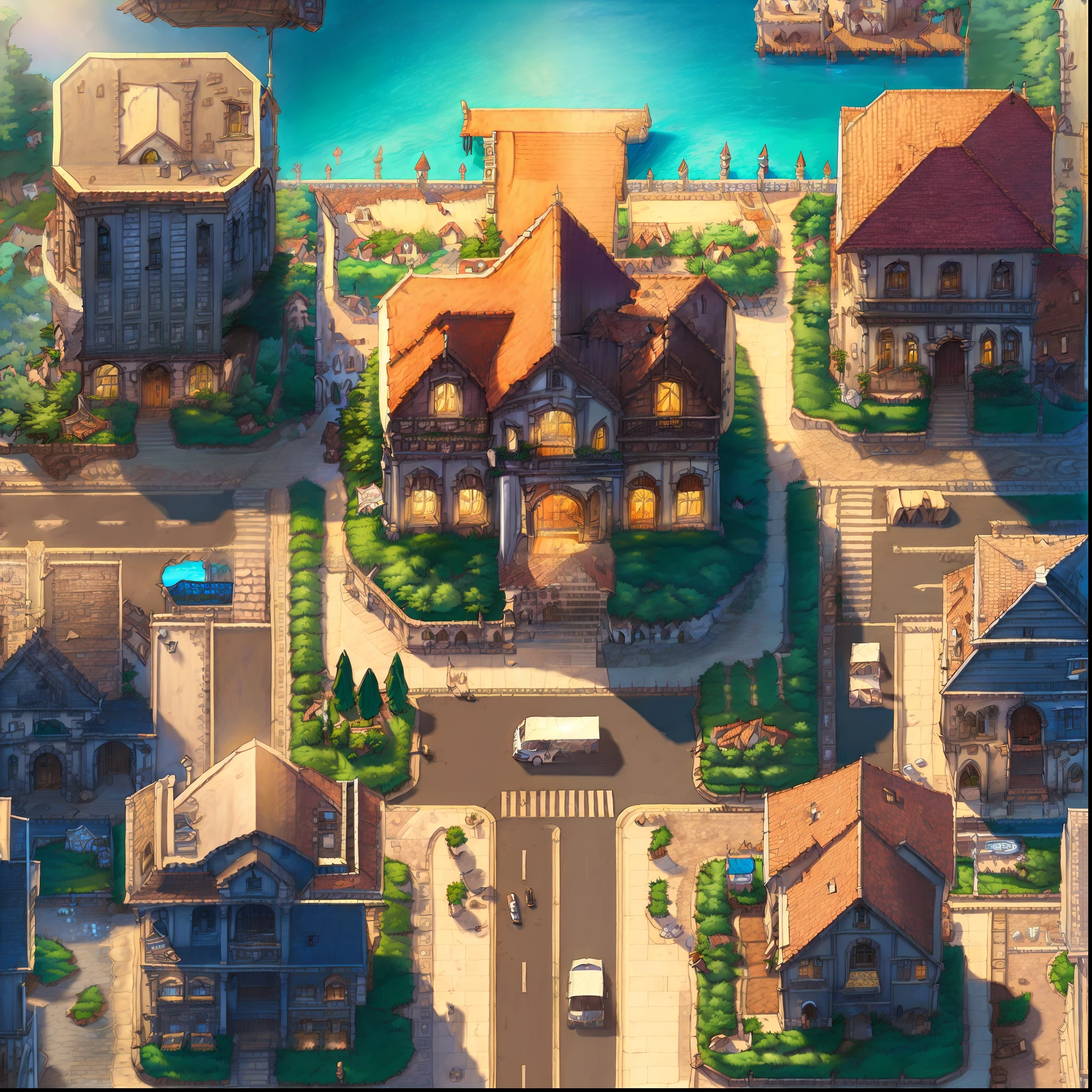 there is a picture of a city with a lot of houses, town background, realistic 3 d style, detailed 2d illustration, detailed city, detailed street, 3 d render stylized, stylized 3d render, isometric game art, isometric 3d render, detailed game art illustration, town center background, isometric 2 d game art, highly detailed illustration