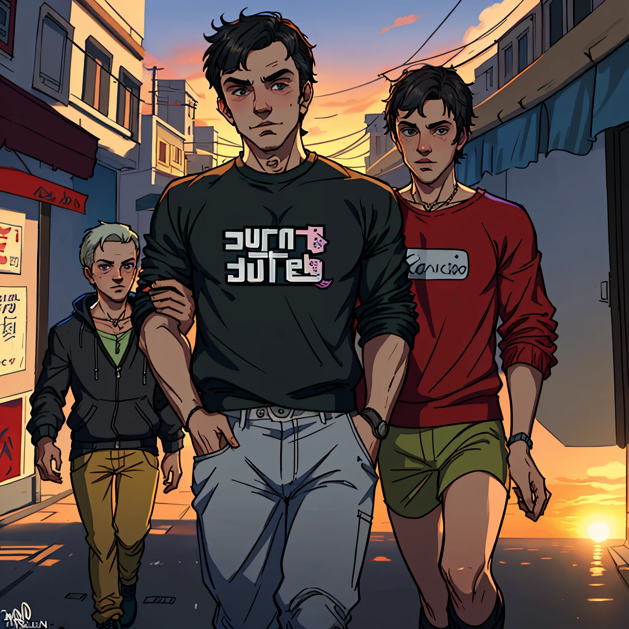 Franklyn,micheal e trevor insieme con uno sfondo Col tramonto a Los santos stile Gta 5