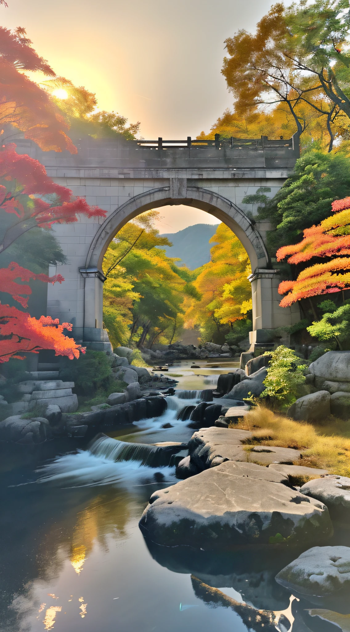 (Small bridges and flowing water,Taikodo West Wind Skinny Horse,Sunset,Broken intestines are at the end of the world)(The ancient road continues into the distance),(A small arch bridge spans a small river,the river winds in the distance),(the sky is windy,fluttering yellow leaves),(An oblique view of the sunset.),(The afterglow of the setting sun shines through the clouds),(Autumn tones),(ancient chinese feng shui landscape painting style),(masutepiece),(complete painting),(extremely detailed picture),(light and shadow effect),(Movie Lighting),(cinema4d),(Optical particle tracking),(rendering by octane),(Unreal 5),(Layered artistic effects),(The best paintings),(masterpaintings),(8K分辨率),Photorealsitic,realisticlying @Ray Ray