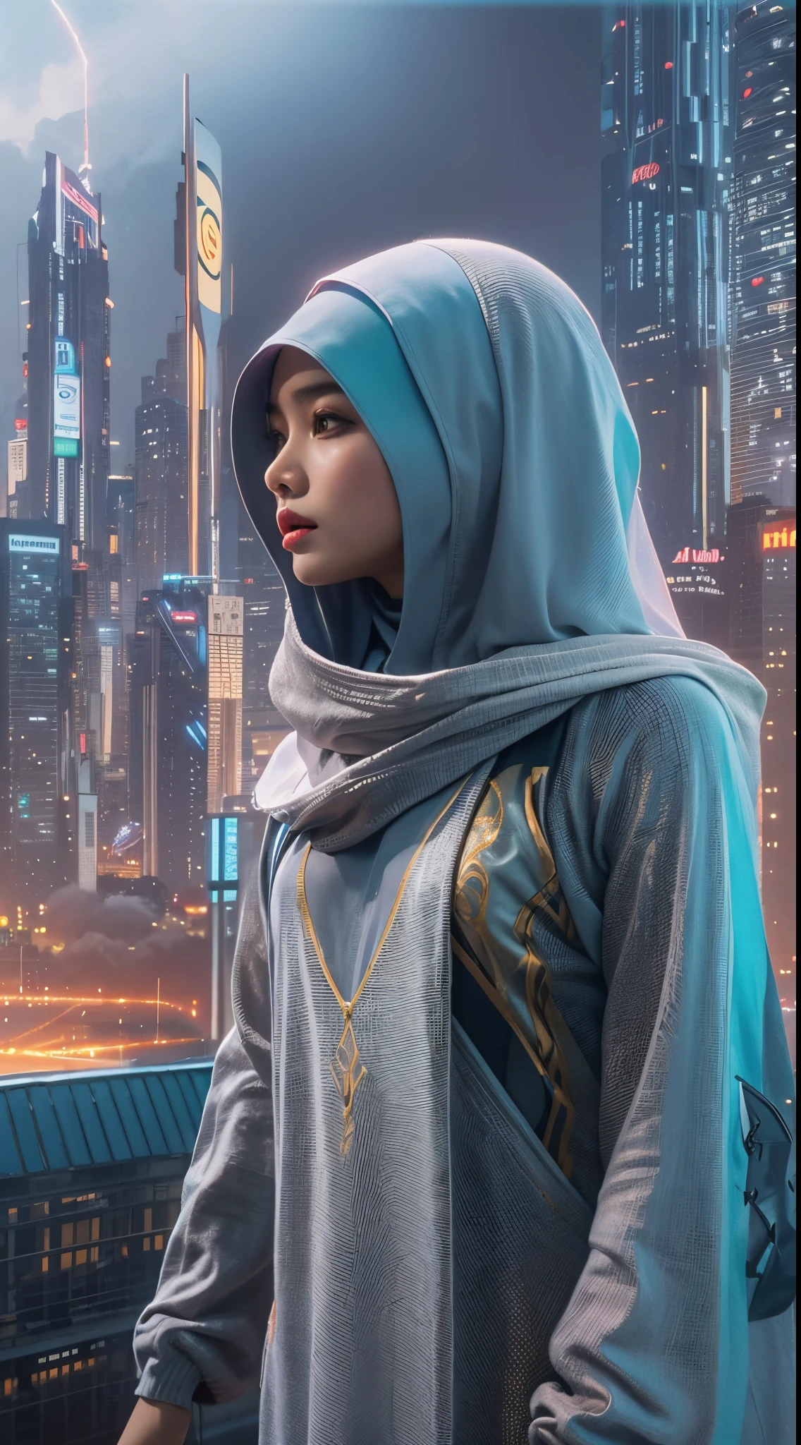 (Neon Cyberpunk Hijab: 1.5), wearing sunhat, [Style: Neon Cyberpunk: 1.3], (RAW Photos: 1.2), (Perfect Eyes: 1.5)),  (Photorealistic: 1.4), (Masterpieces: 1.3), (Best Quality: 1.4), Dreamy, (Detailed Eyes), (Detailed Facial Features), ( (8k:1.27), best quality, masterpiece, Hijab hair, ultra highres:1.2) Photo of Pretty woman (beautiful:1.1) (sci-fi woman:1.1), (Hijab cloak: 1.61) (Hijab leather Coat:1.21) intricate elegant, fantasy, detailed, ometric by greg rutkowski and alphonse mucha, gradient lighting