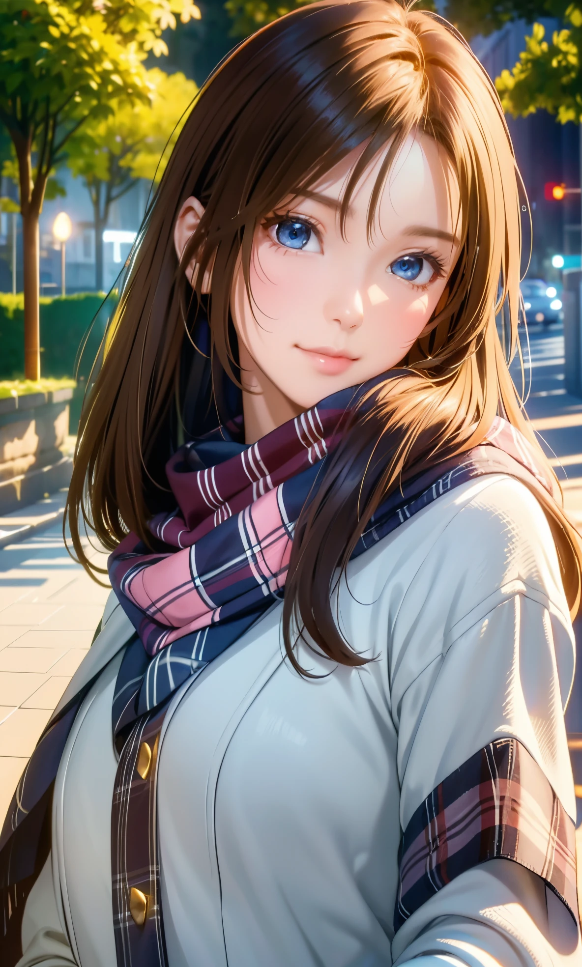 (masterpiece),(top-quality:1.2),1girl in,(masuter piece:1.3),exquisitedetails, Highest quality 8K resolution, Ultra-detailed, Realistic, Vibrant colors, Soft tones, With warm and gentle lighting,(Beautiful plaid scarf:1.3)(Brown long coat:1.2) early evening,Big sunset,(Smooth straight blonde hair:1.2),(Hair parted in the middle:1.3),(Glowing hair),(Dark blue eyes:1.3),White skin, hair clips,wrist watch,Overflowing soft and gentle feelings,(The promenade is full of flowers),rays of sunshine,Warm golden glow,happiness and laughter,Sticking to ultra-detailed depictions and vivid colors. A style that combines romanticism and realism、depth of love,color palettes,and the lighting is soft and diffused, Shine a gentle light on your face,The artwork is a masterpiece,