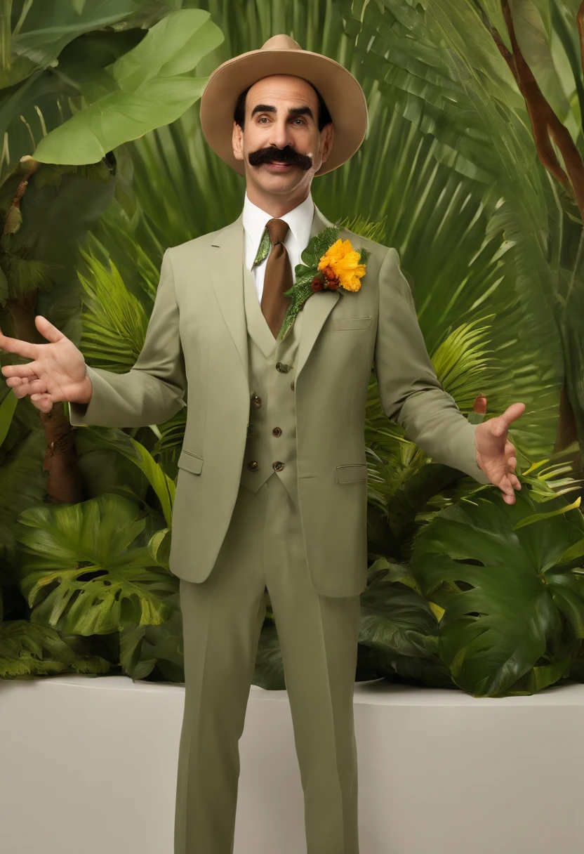 An image of Borat dressed as a jungle explorer, swinging on a vine through a lush tropical forest.,original,His appearance is marked by a distinctive mustache, a suit of gray or brown, and often a bright green thong swimsuit. He exhibits a strong Kazakhstani accent, and his humor derives from his outrageous statements and actions, which often satirize society’s stereotypes and cultural norms. Despite his outlandish persona, the character is meant to challenge viewers by exposing prejudices and hypocrisies in a comedic way.
