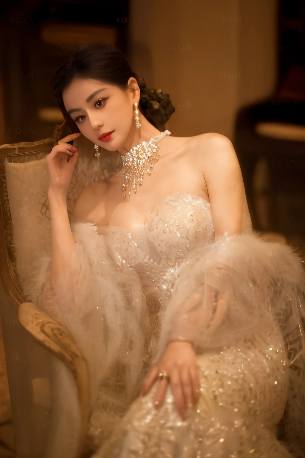 araffe woman in a white dress sitting on a chair, stunning elegant, luxurious neckless, elegant glamor pose, stunning elegant pose, full body xianxia, xianxia, wenfei ye, dilraba dilmurat, elegant lady, elegant glamourous cosplay, gorgeous lady, sha xi, gorgeous chinese model, Middle metaverse