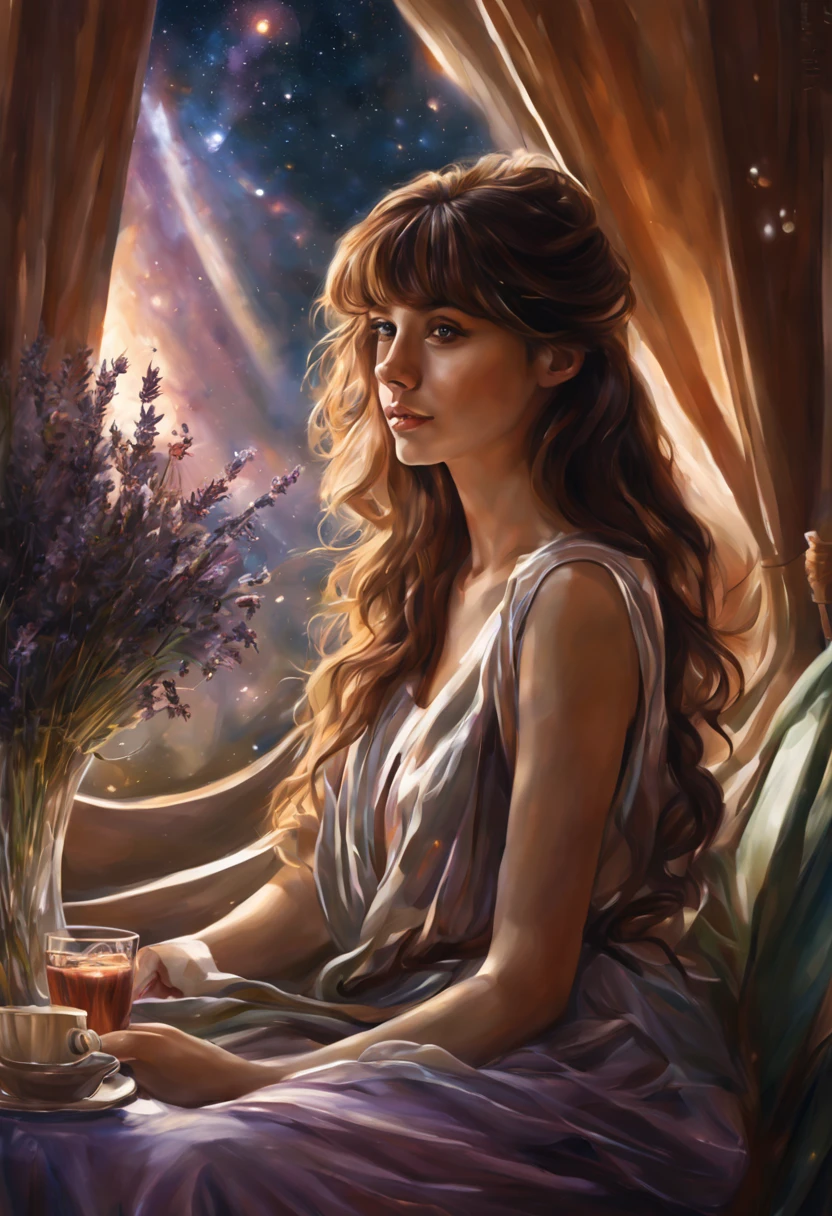 A beautiful girl with long wavy brown hair With elongated bangs , dressed in a transparent silk toga of olive color, sitting in a cozy cafe with a cup of tea, a bouquet of daisies and lavender on the table, the girl looking out the panoramic window, the Milky Way and the planet Mars outside the window, multilayered realism, whichcore, eerily realistic , natural light, sparkles, oil paint