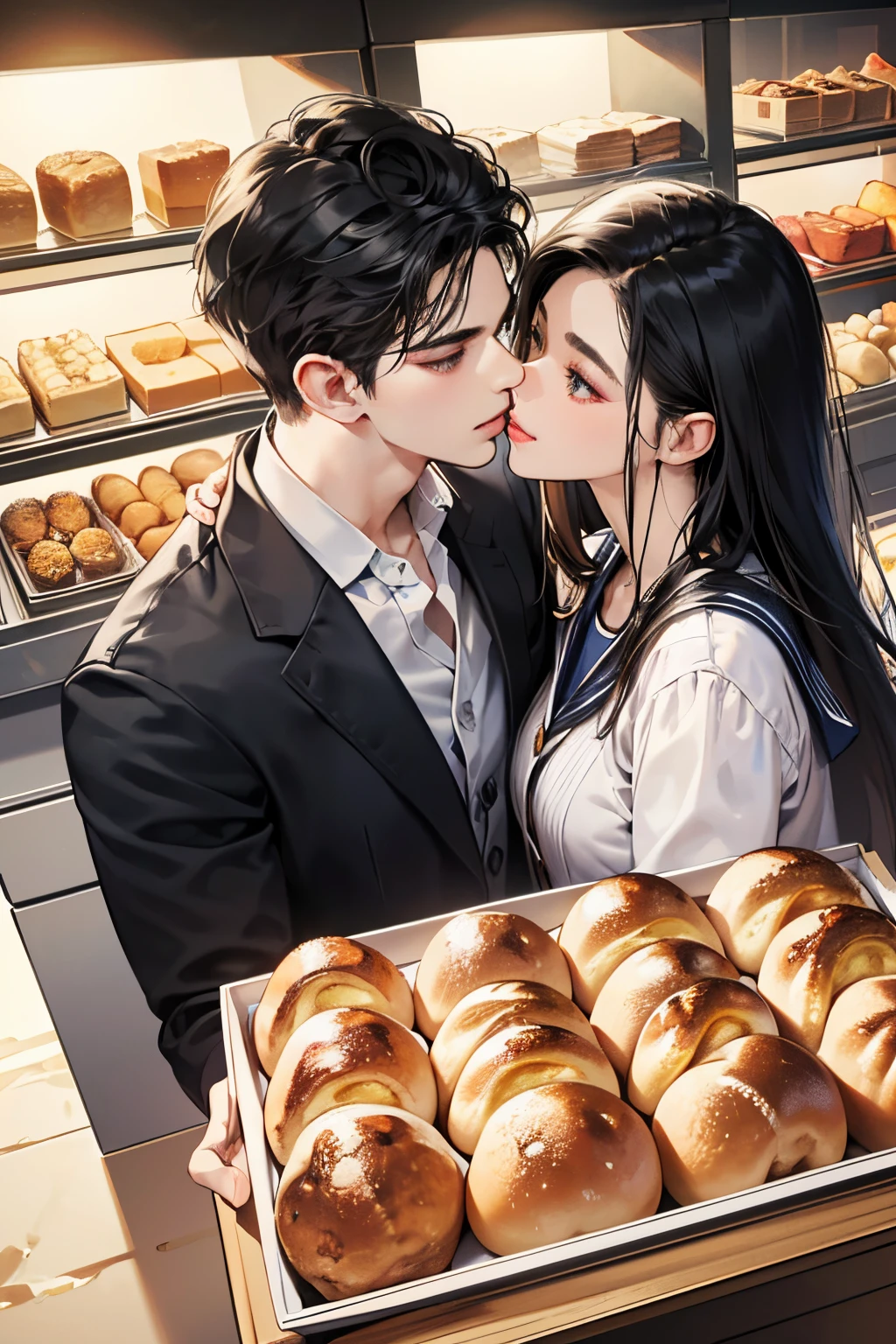 (masutepiece, Digital Art, Digital Illustration, 4K, 8K, Ultra-detailed, beautiful image, Sharp Image, Photorealistic, Raw photo, Perfect face, Perfect lines, Perfect eyes, Soft lighting) 1 woman, (Long Black Hair,straight haired,Bullish gaze,Beautie,Solid makeup,femele,small tits:1.3),Two handsome men in suits, (ember,Men in suits,well-muscled,Firm shoulder width,Adult male,Boyish hairstyle,English gentlemanly style,Man in his 30s with a cool expression,28-year-old man with bright smile:1.2),Bakery、breads、Eat-in、A lot of bread is lined up、a sailor suit、Knee-length pleated skirt、baggy cardigan、kiss、a couple、couple kissing、Romance、ssex、have sex、