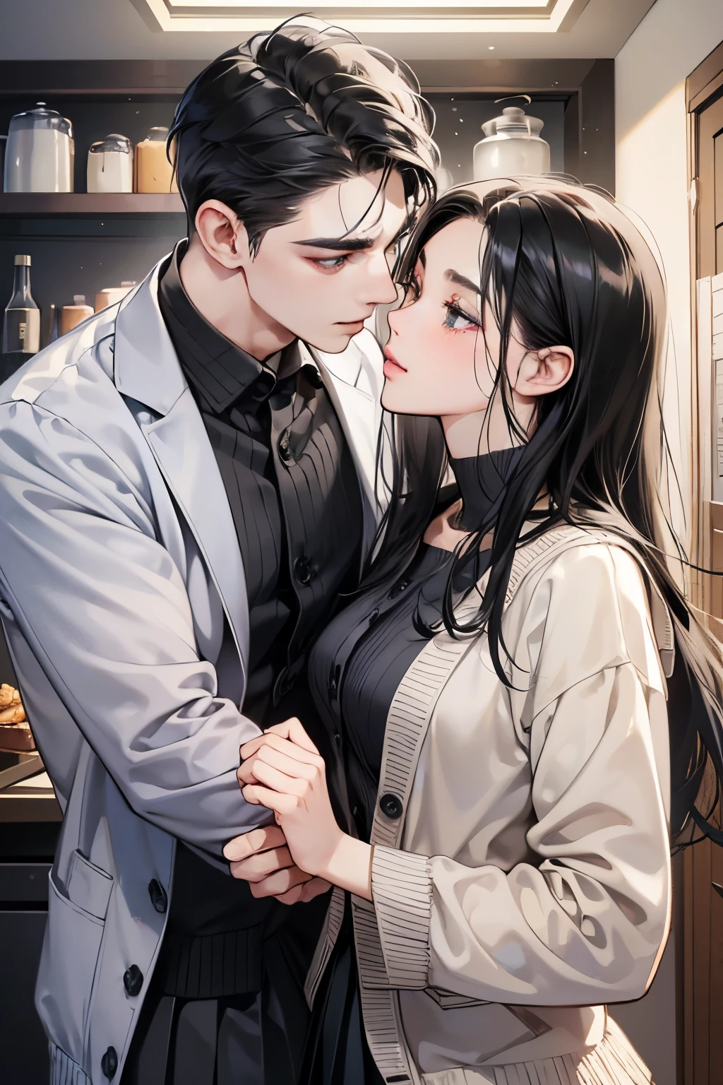 short hair、black hair、wrinkles in clothes