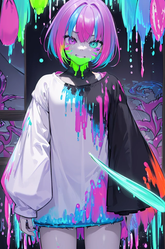 (​masterpiece、top-quality:1.5、a high chroma:1.5、ultra-detailliert、high-resolution illustrations:1.5、Ultra-high-definition CG、8k size wallpaper、offcial art、production art)、Skin quality improvement,,((Vivid Color:1.5))、(colourfull:1.5),((Fluorescent color:1.5)),((doodle:1.7))、((colorful fluorescent colors((spend a lot on clothes:1.5)).:1.7))、((Paint on the face, Body, And clothes:1.8))、tilt of the head、((colorful fluorescent hair:1.7))、()、(close to viewer:1.5)、((single bare shoulder sweater long:1.2)、(Eyes are blue)、(girl with)、medium breasts、(Very short hair),(Excited eyes),(Gradient Eyes)、(grinning evily:1.3),(Cowboy Shot),(),(Standing)、()
