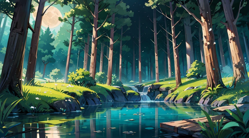 fantastic night forest, moon, clear water