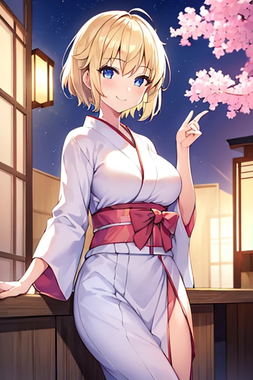 1girl, blonde hair, yukata, kimono, bath yukata, white yukata, white kimono, pink trim, large breasts, blonde hair, short hair, smile, light smile, blue eyes, adult, woman, black pants, pants, breasts