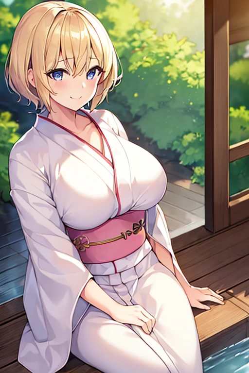 1girl, blonde hair, yukata, kimono, bath yukata, white yukata, white kimono, pink trim, large breasts, blonde hair, short hair, smile, light smile, blue eyes, adult, woman, black pants, pants, breasts