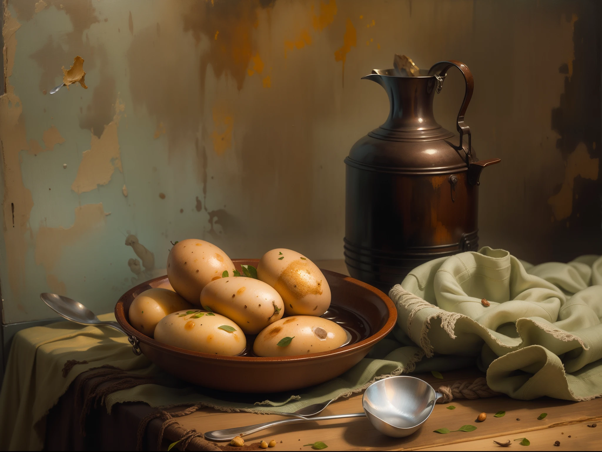 Classical Oil Painting Art，A pot and spoon【Nostalgic and rusty】，potatoes【with mud】，Egg，tablecloth，Plain picture，In 1900，weak indoor light，simple life