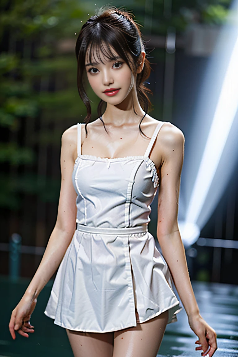 (((Draw only one woman: 2))), ((Concert venues in heavy rain:1.5)), ((Idol woman singing and dancing on stage:1.5)), (Cute bright and frilly miniskirt costume for idols: 1.5), ((clothes wet with rain: 1.8)), ((Clothes that get wet and stick to the skin: 1.8)), ((Rain-soaked skin)), ((Rain-soaked hair: 1.8)), ((Rain wet bangs: 1.8)), (Happy smile: 1.2), 15 year old beauty, ((1screen)), in 8K, RAW shot, top quality photo, masterpiece, Nice realistic photos, (( Anatomically correct proportions : 1.5)), ((Perfect proportions)), ((Beautiful woman like an idol of Japan)), ((small head: 1.5)), Detailed face, Detailed eyes, Narrow Nose, (Detailed fingers: 1.2), detailed arms, Detailed skin, Detailed legs, (Slim Style), ((thin waist)), (medium breasts)