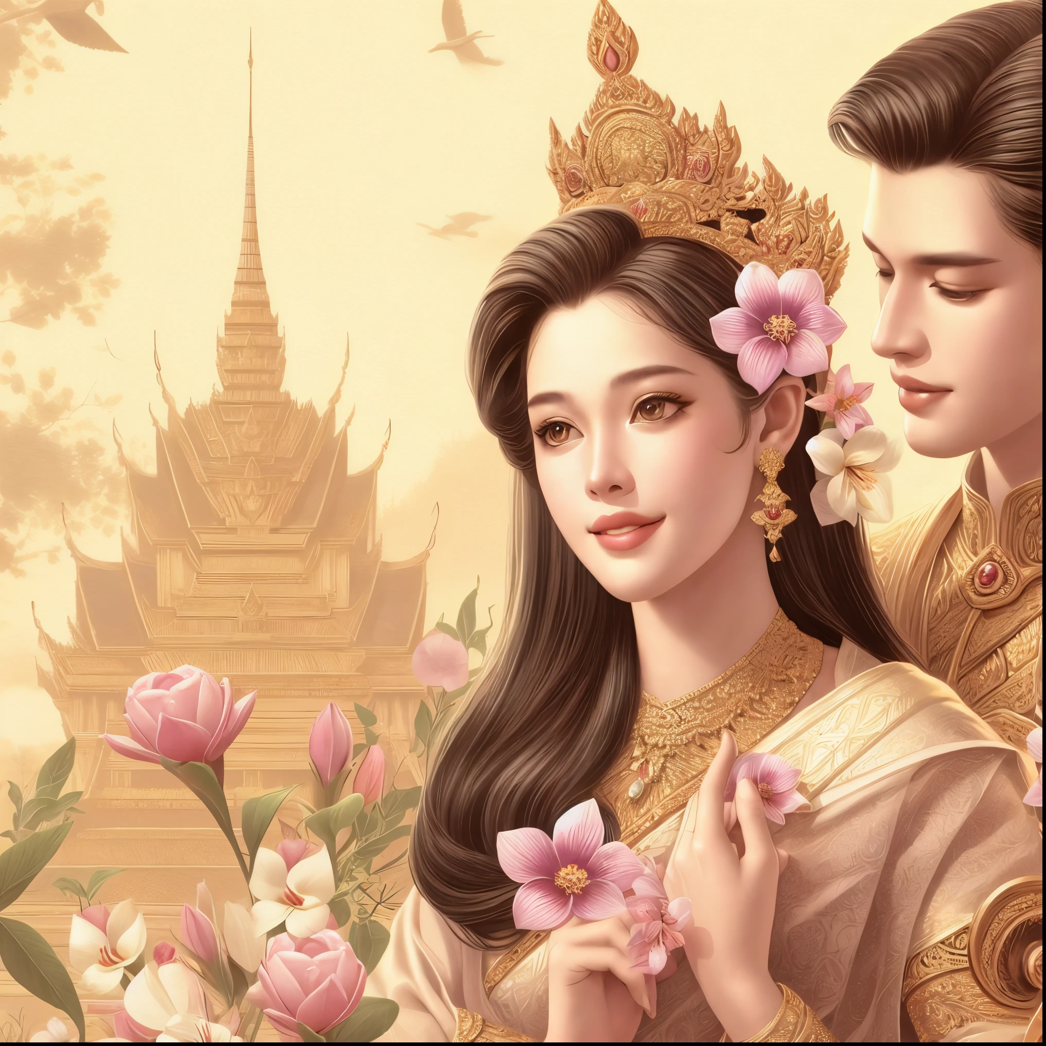 arafed image of a couple of asian people in a garden, thailand art, boy girl traditional romance, lovely couple, temple background, gilded lotus princess, beautiful art uhd 4 k, tithi luadthong, beautiful render of tang dynasty, 8k)), 8k high quality detailed art, beautiful digital artwork, a beautiful artwork illustration, couple