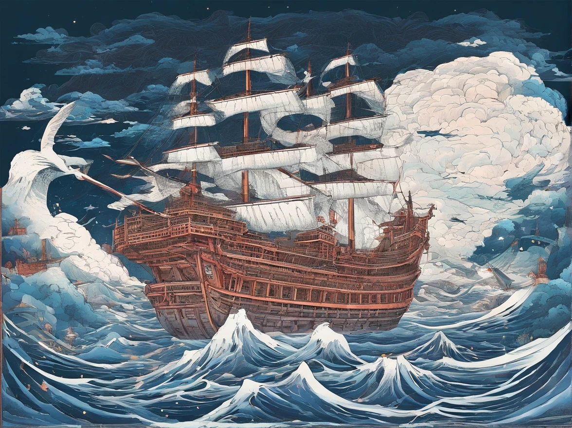 A wooden ship in the middle of the sea, thunderstorms and heavy rain, lightning and lightning in the sky, and a white whale.