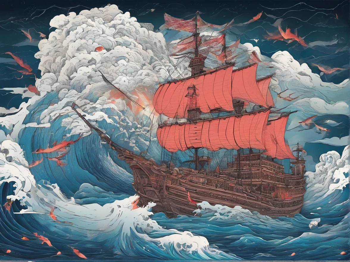 A wooden ship in the middle of the sea, thunderstorms and heavy rain, lightning and lightning in the sky, and a white whale.