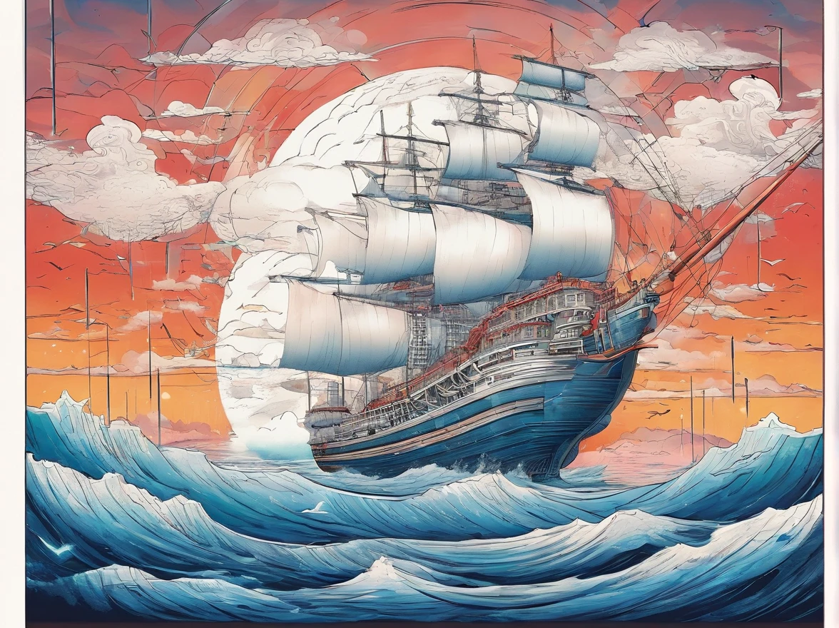 A wooden ship in the middle of the sea, thunderstorms and heavy rain, lightning and lightning in the sky, and a white whale.