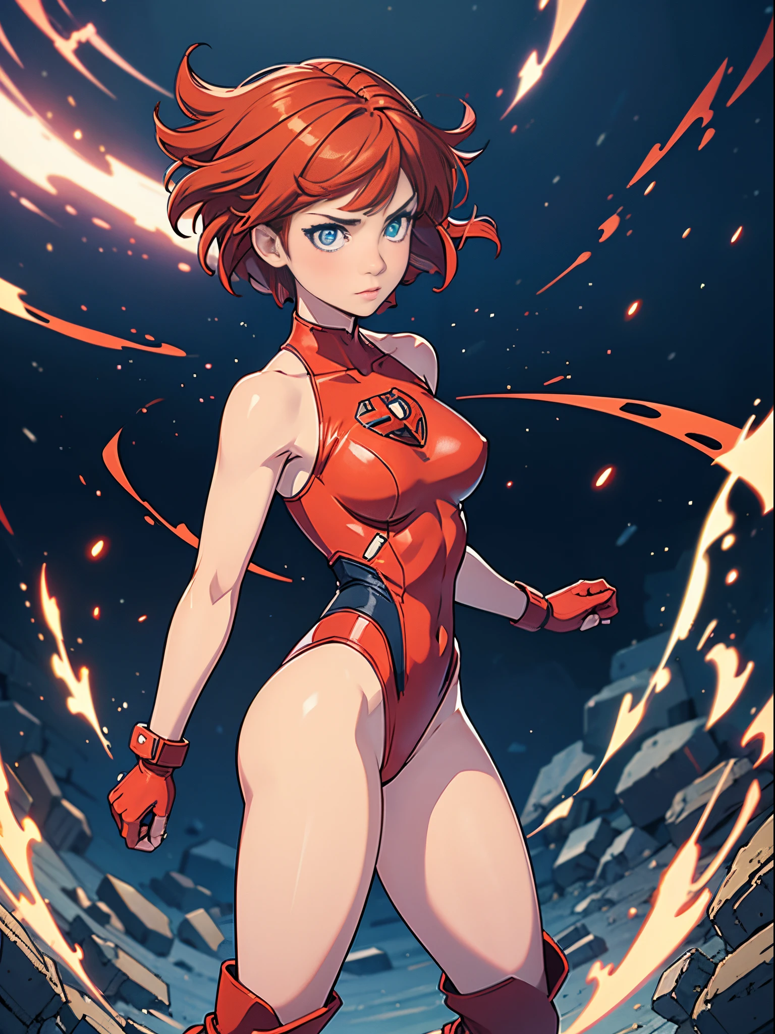1girl, redhead, bob hair, short hair, blue eyes, beautiful detailed eyes, superhero, mature woman, spread arms, leotard, red leotard, bare legs, boots, gloves, standing, perfect anatomy, perfect hands, cowboy shot, (full body shot), superpower, light particles, body infused with energy, t-pose, solo, single.