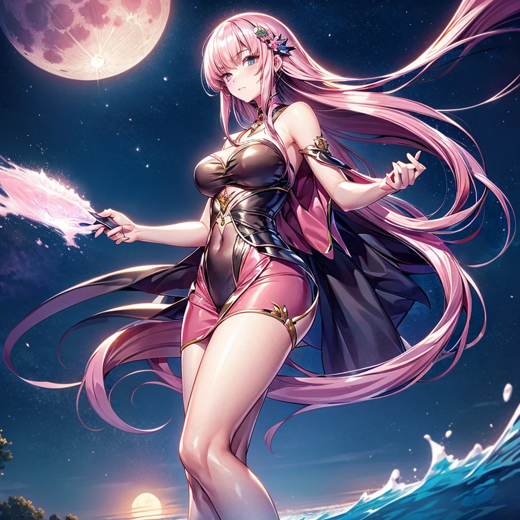 the night，One guy，moon full，Gentle girl，Pink Long Hair