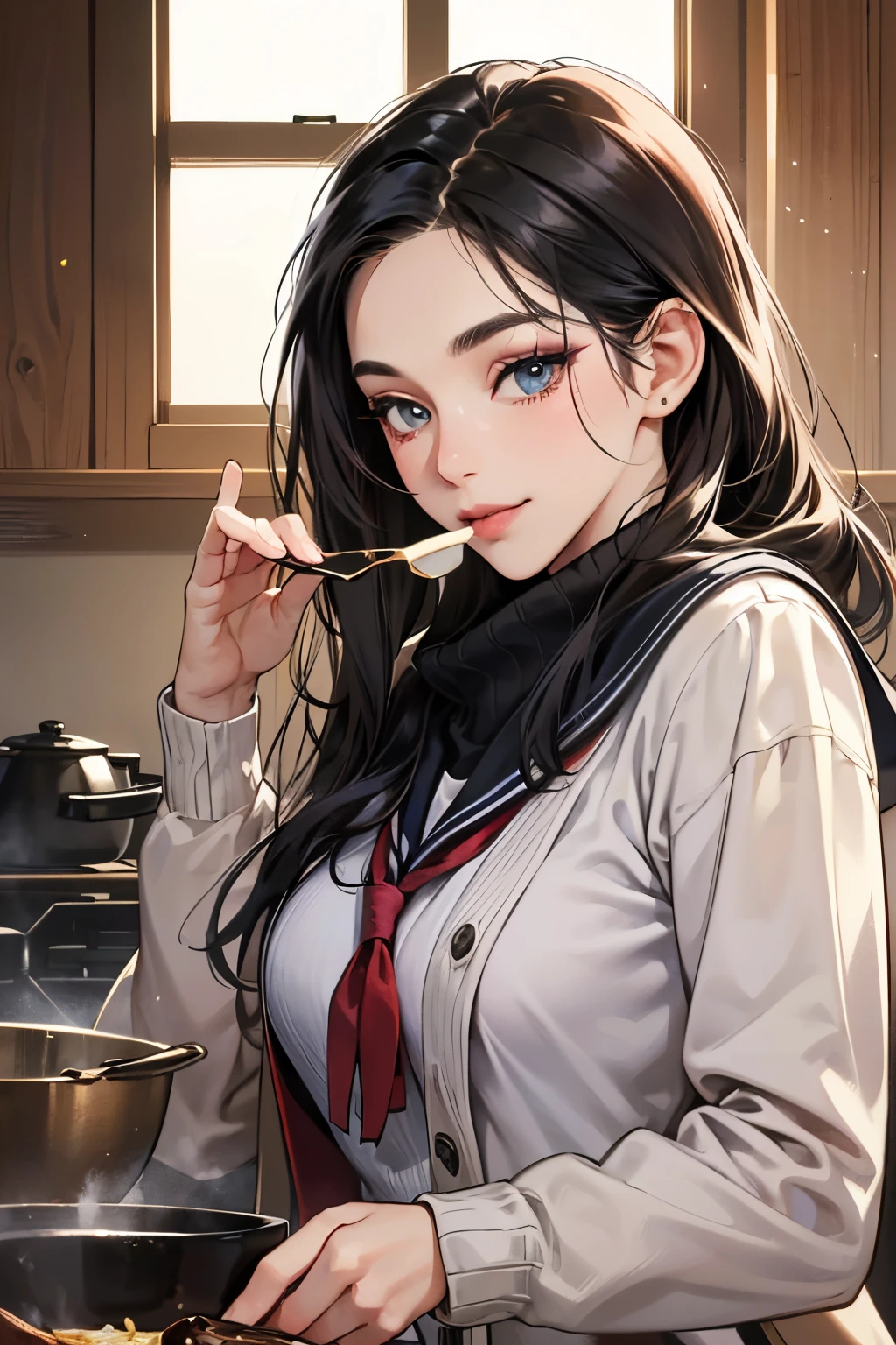 (masutepiece, Digital Art, Digital Illustration, 4K, 8K, Ultra-detailed, beautiful image, Sharp Image, Photorealistic, Raw photo, Perfect face, Perfect lines, Perfect eyes, Soft lighting) 1 woman, (Long Black Hair,straight haired,Bullish gaze,Beautie,Solid makeup,femele,small tits:1.3),Two handsome men in suits, (ember,Men in suits,well-muscled,Firm shoulder width,Adult male,Boyish hairstyle,English gentlemanly style,Man in his 30s with a cool expression,28-year-old man with bright smile:1.2),Family Department、kitchin、Cooking Practice、pinafore、Triangle scarf、chocolate、heart-shaped、a sailor suit、Knee-length pleated skirt、baggy cardigan、kiss、a couple、couple kissing、Romance、ssex、have sex、
