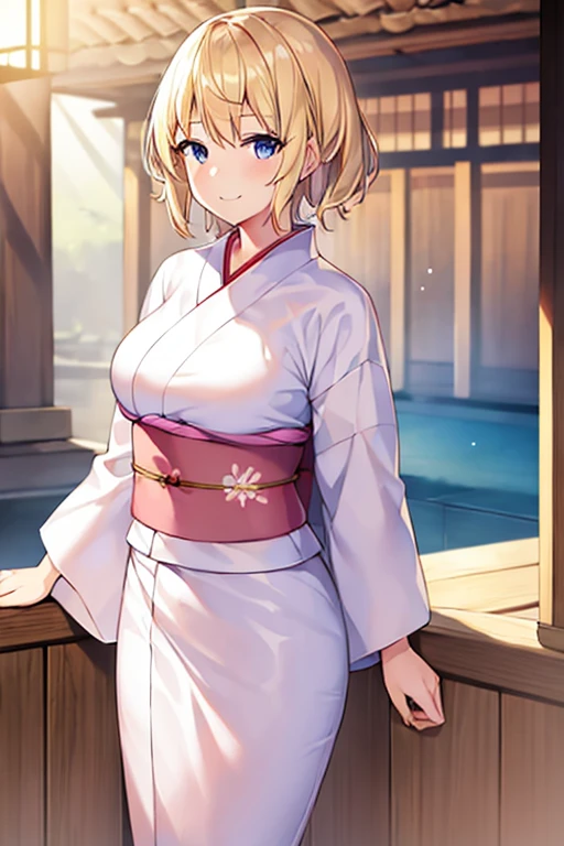 1girl, blonde hair, yukata, kimono, bath yukata, white yukata, white kimono, pink trim, large breasts, blonde hair, short hair, smile, light smile, blue eyes, adult, woman, black pants, pants, breasts, medium hair