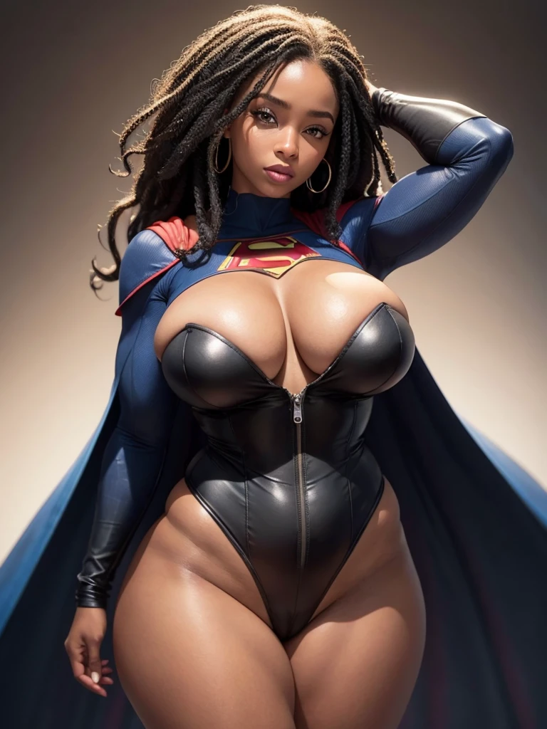 Emily is a black African woman, com pele muito escura, de 35 anos com cabelos escuros, geralmente preso em um coque ou rabo de cavalo. His eyes are dark and expressive, transmitindo sua personalidade sensual e sexy. She has an average height, Sobre 1.70m, com seios grandes, muito grandes e quadris enormes, BBW. Emily is a superhero, Usar roupas da supergirl decote sexy. Ela costuma usar pouca maquiagem, preferindo um visual natural. best quality, Realistic photo, photo de corpo inteiro, poses sensuais sexy, foto tirada de baixo para cima.