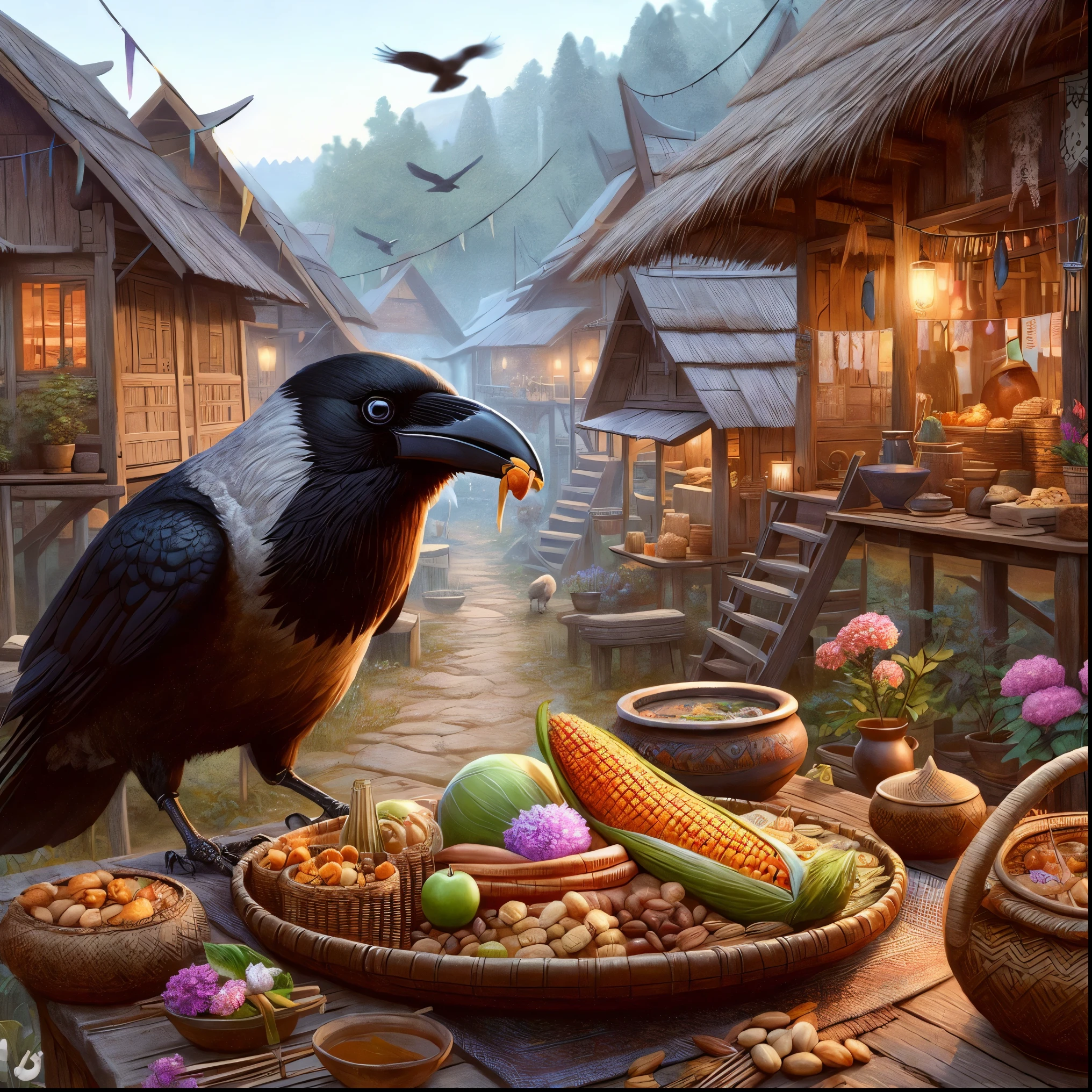 there is a bird that is standing on a table with food, medieval feast, fantasy tavern background, 4k highly detailed digital art, 8k high quality detailed art, 8 k highly detailed art, detailed painting 4 k, highly detailed illustration, realistic fantasy illustration, detailed crow illustration, tavern background, realistic fantasy artwork, highly detailed 4 k painting