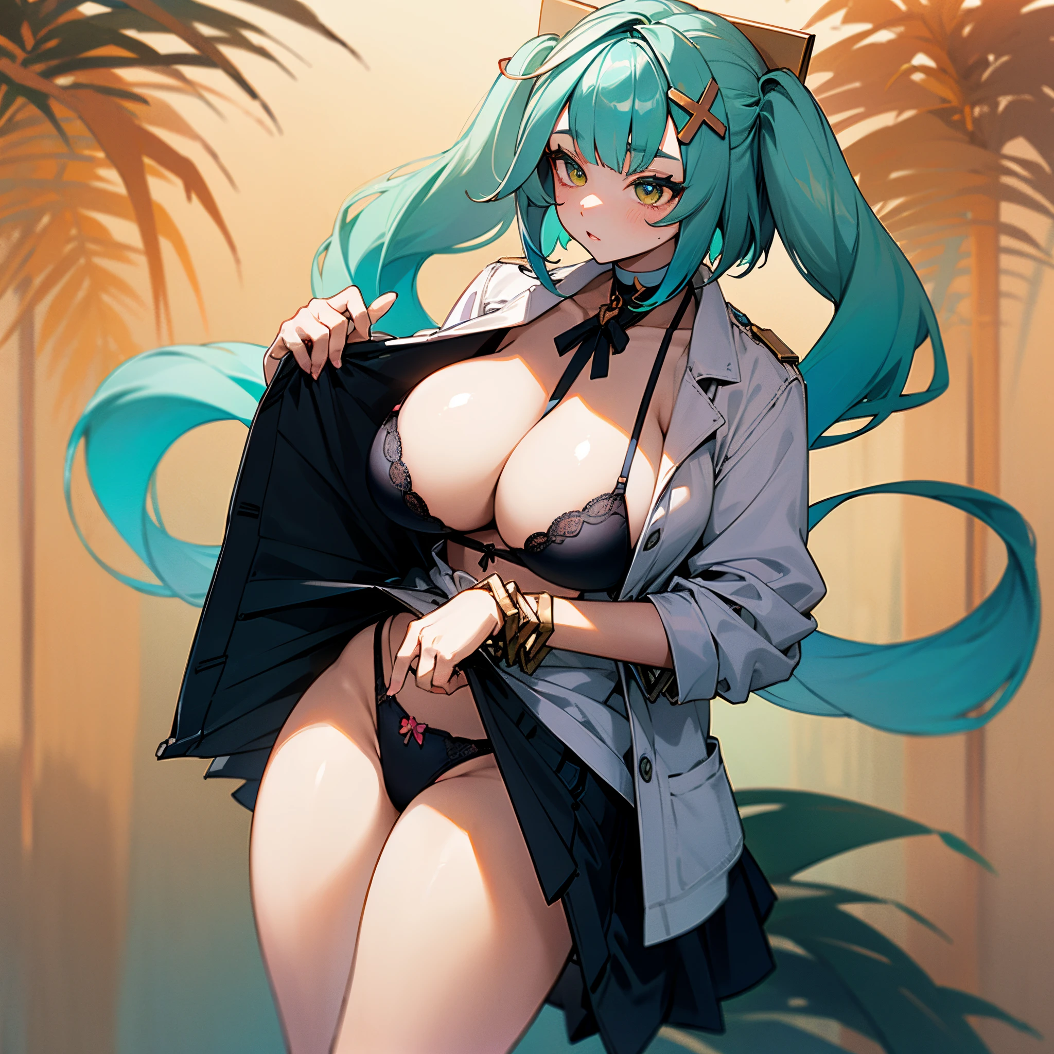 thicc,((underwear,in bra and panties))) faruzan,long hair,((hair is a turquoise gradient)),multicolored eyes, gradient eyes,hair ornament, twintails, x hair ornament, jewelry, bracelet, ((school, technology room, plants in the background)),wallpaper, huge tits, high quality, high resolution,