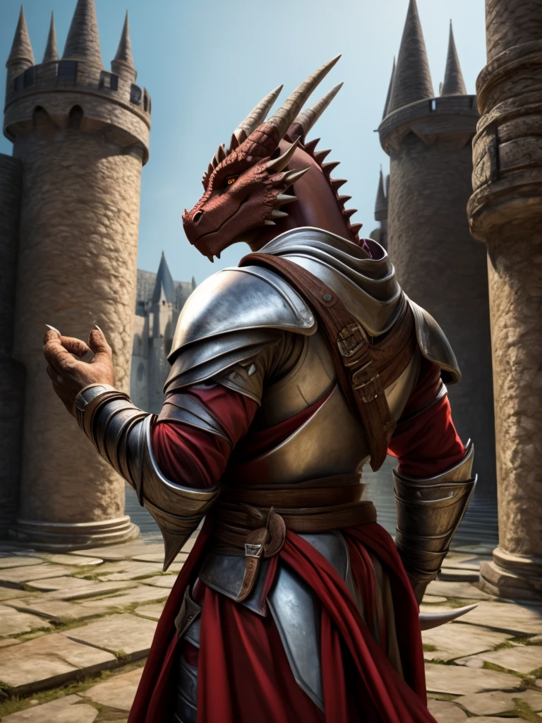 a dragon ,solo ,Dark red skin,Golden Eyes,Wear a knight's uniform.,Muscular,He held a shiny silver sword in his hand.,Looking ahead,The view behind is a castle.