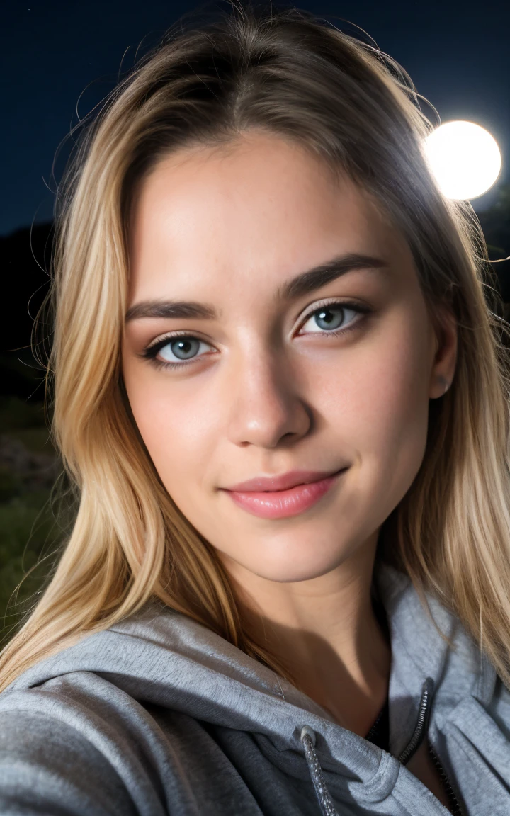 Selfie shot Beautiful blonde wearing a selfie photo, upper body, solo, wearing pullover, outdoors, (night), mountains, real life nature, stars, moon, highly detailed, 22 years old, , boobs, innocent face, natural wavy hair, blue eyes, high resolution, Masterpiece, Best quality, Intricate high detail, Highly detailed, Sharp focus, Detailed skin, realistic skin texture, texture, detailed eyes, professional, 4k, charming smile, shot on Canon, 85mm, shallow depth of field, Kodak Vision Color, Perfect Fit Body , extremely detailed, photography_\(ultra\), Photorealistic, Realistic, Post-processing, maximum details, roughness, real life, ultra realistic, Photorealism, photography, 8k UHD, photography, busty