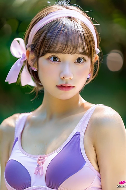 (((Photorealistic))), ((Realistic)),(de pele branca), Short hair ,swim wears,huge tit,Valley,Pink hair ornament,Pink teak,purple ribbons on ears,Clear eyes,Valley