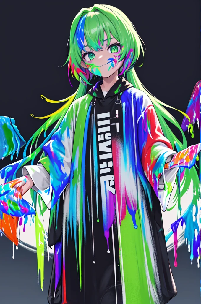 (masterpiece、top-quality:1.5、a high chroma:1.5、ultra-detailliert、high-resolution illustrations:1.5、Ultra-high-definition CG、8k size wallpaper、offcial art、production art)、Skin quality improvement,,((Vivid Color:1.5))、(colourfull:1.5),((Fluorescent color:1.5)),((doodle:1.7))、((colorful fluorescent colors((put lots of paint on the costume:1.5:1.5)).:1.7))、((Paint on the face, Body, And clothes:1.8))、tilt of the head、((colorful fluorescent hair:1.7))、()、(close to viewer:1.5)、((white swimwear:1.5))、(Eyes are blue)、(girl with)、medium breasts、(Very short hair),(Excited eyes),(Gradient Eyes)、(grinning evily:1.3),(Cowboy Shot),(),(Standing)、(blacklight)