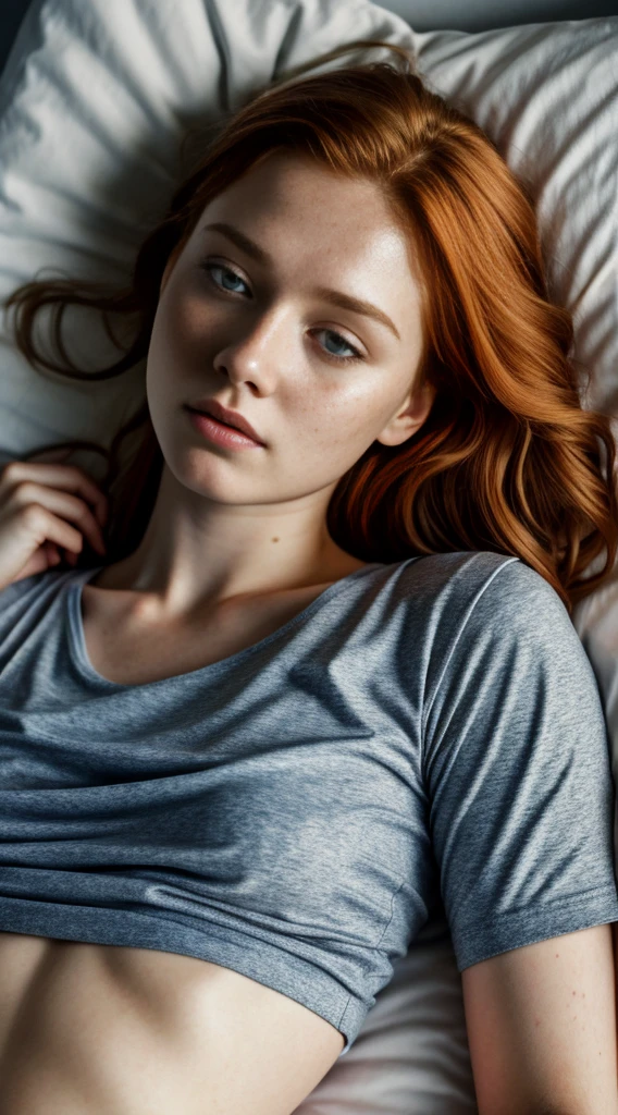 1girl in, age19, Solo, Aesthetic artwork, irish redhead, wavy ginger hair, shoulder length ginger hair, gray eyes, light grey eyes, some small freckles, pale skin, A-cup, small breasts, runners body, fullbody shot, (textured skin, skin pores:1.1), (moles:0.8), imperfect skin, goosebumps, in a dimly lit bedroom, lying down, curled up lying on bed, (sad:1.3), crying, depressed expression, pouting, (extremely detailed 8k wallpaper), soft lighting, high quality, film grain, Fujifilm XT3 sharp focus, f 5.6, 50mm, High Detail, Sharp focus,(natural light), (seductive), oversized thin blue t-shirt, blue t-shirt, Realistic, ultra realistic, photo realistic, crazy details, complex details, hyper detailed,