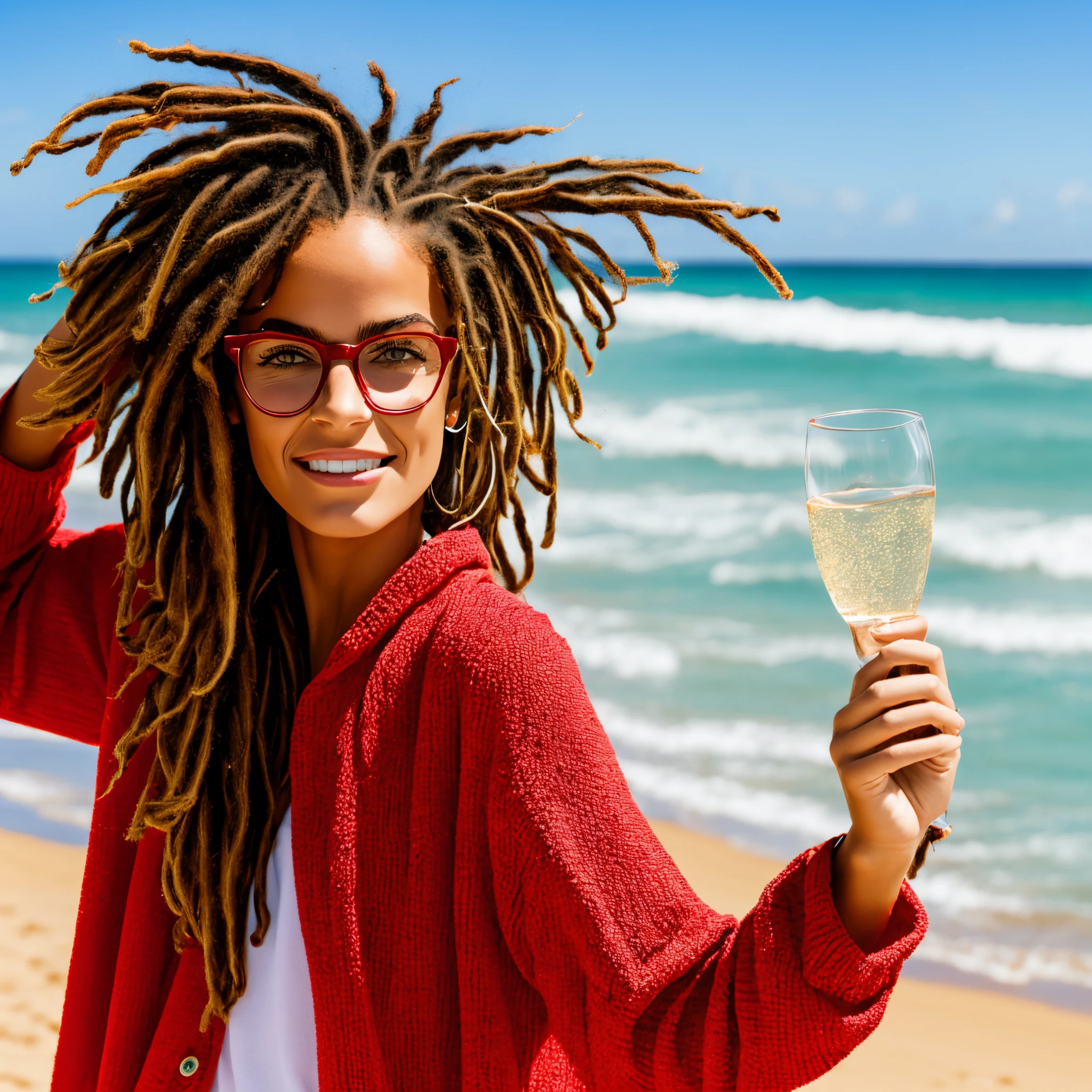 Girl with dread hair wearing glasses on the beach in red clothes with a glass in her hand , a palavra Lucas na roupa