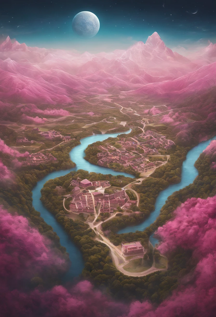 tmasterpiece，handpainted，Aerial pink map，illustration，planar，Simple