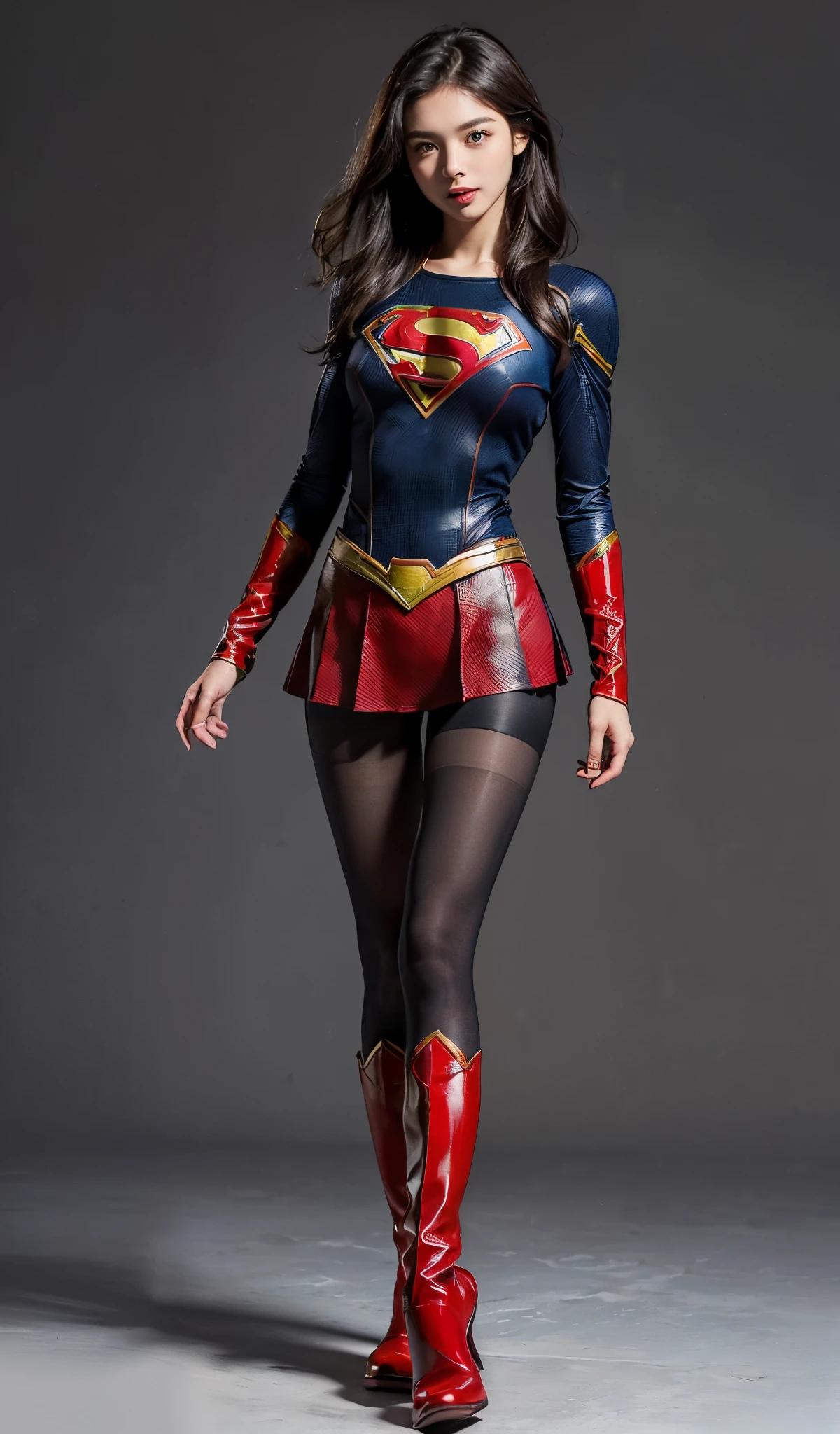 Suffering、mouth is always open sloppily、Drool is always dripping from my mouth、Asian Beautiful Girl、(((Wear black tights on your beautiful legs.)))、(((beauty legs)))、(((facial expression of smile)))、((((Make the most of the original image)))、(((Supergirl Costume)))、(((a short bob、beautiful hairl)))、(((Suffering)))、(((Feet must necessarily be worn with black tights)))、(((You need to wear red boots)))、((Top image quality、8K))、((top-quality、8K、masterpiece:1.3))、(((Keep your background simple)))、Crisp focus:1.2、Beautiful woman with perfect body shape:1.4、Slender Abs:1.2、a wet body:1.5、Highly detailed facial and skin texture、8K、beauty legs