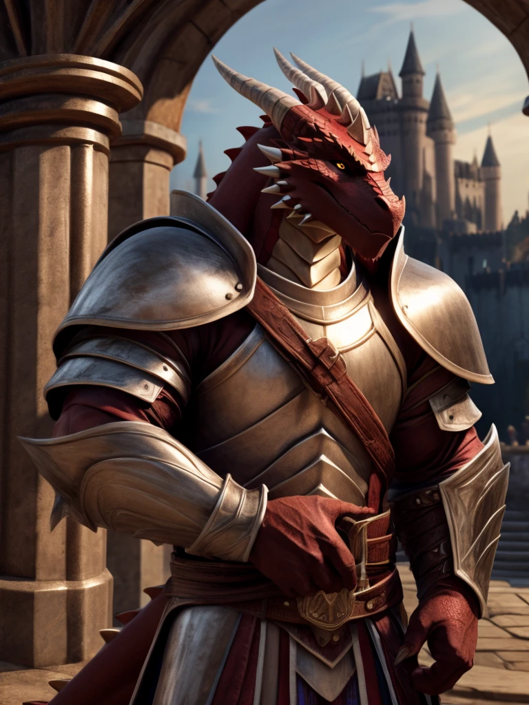 a dragon ,solo ,Dark red skin,Golden Eyes,Wear a knight's uniform.,Muscular,He held a shiny silver sword in his hand.,Looking straight ahead,The view behind is a castle.