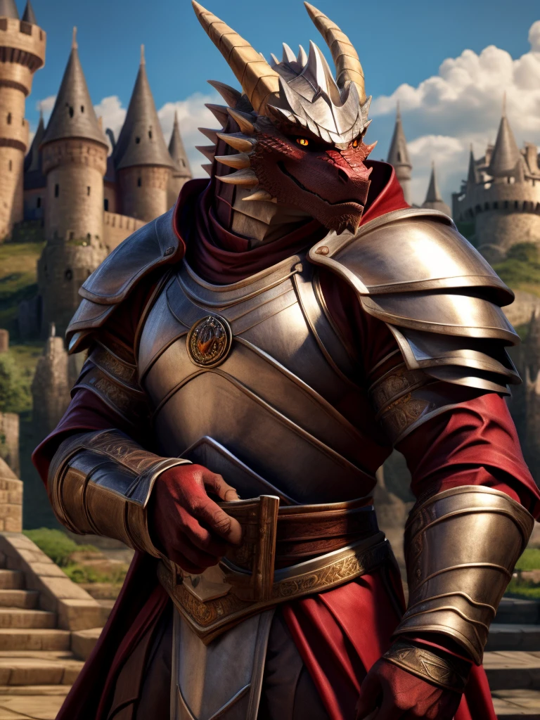 a dragon ,solo ,Dark red skin,Golden Eyes,Wear a knight's uniform.,Muscular,He held a shiny silver sword in his hand.,Looking straight ahead,The view behind is a castle.