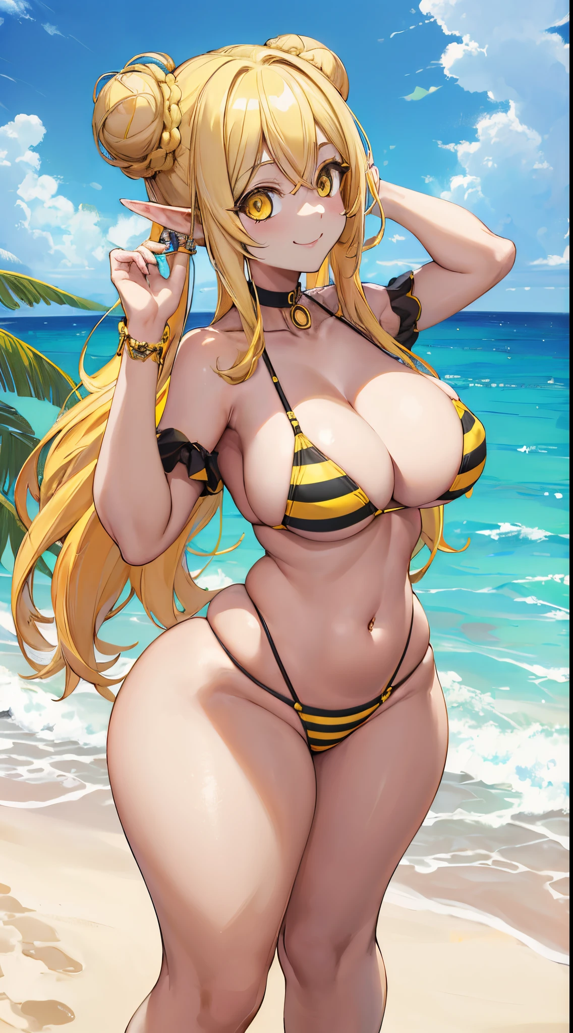 masterpiece, best quality, highres, ((Slim thicc waifu:1.3)), large breasts, elf, yellow eyes, blonde hair in a bun, (black choker), (yellow striped bikini), jewelry, cowboy shot, standing, beach, smile, hands on face, hearts