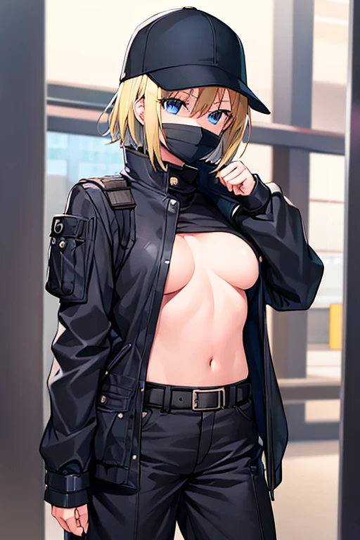 1girl, gakuran, black clothes, blonde hair, small breasts, black pants, pants, surgical mask, hat, baseball cap, short hair, blue eyes, covered mouth, belt