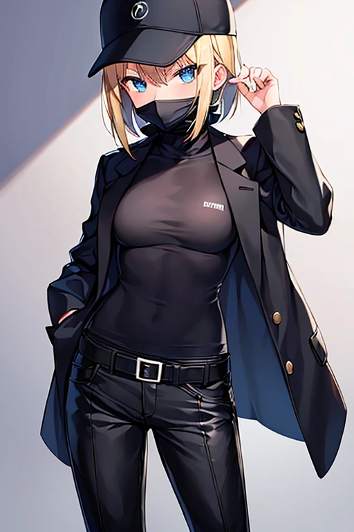 1girl, gakuran, black clothes, blonde hair, small breasts, black pants, pants, surgical mask, hat, baseball cap, short hair, blue eyes, covered mouth, belt