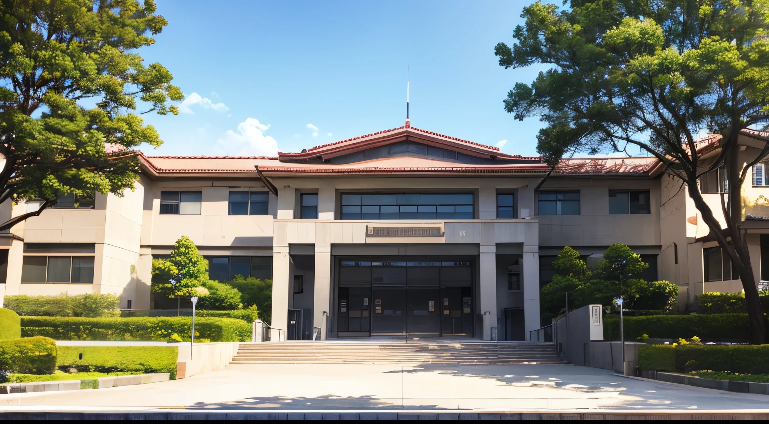 The front entrance to a large public school, wide shot, centered, school gate, steps