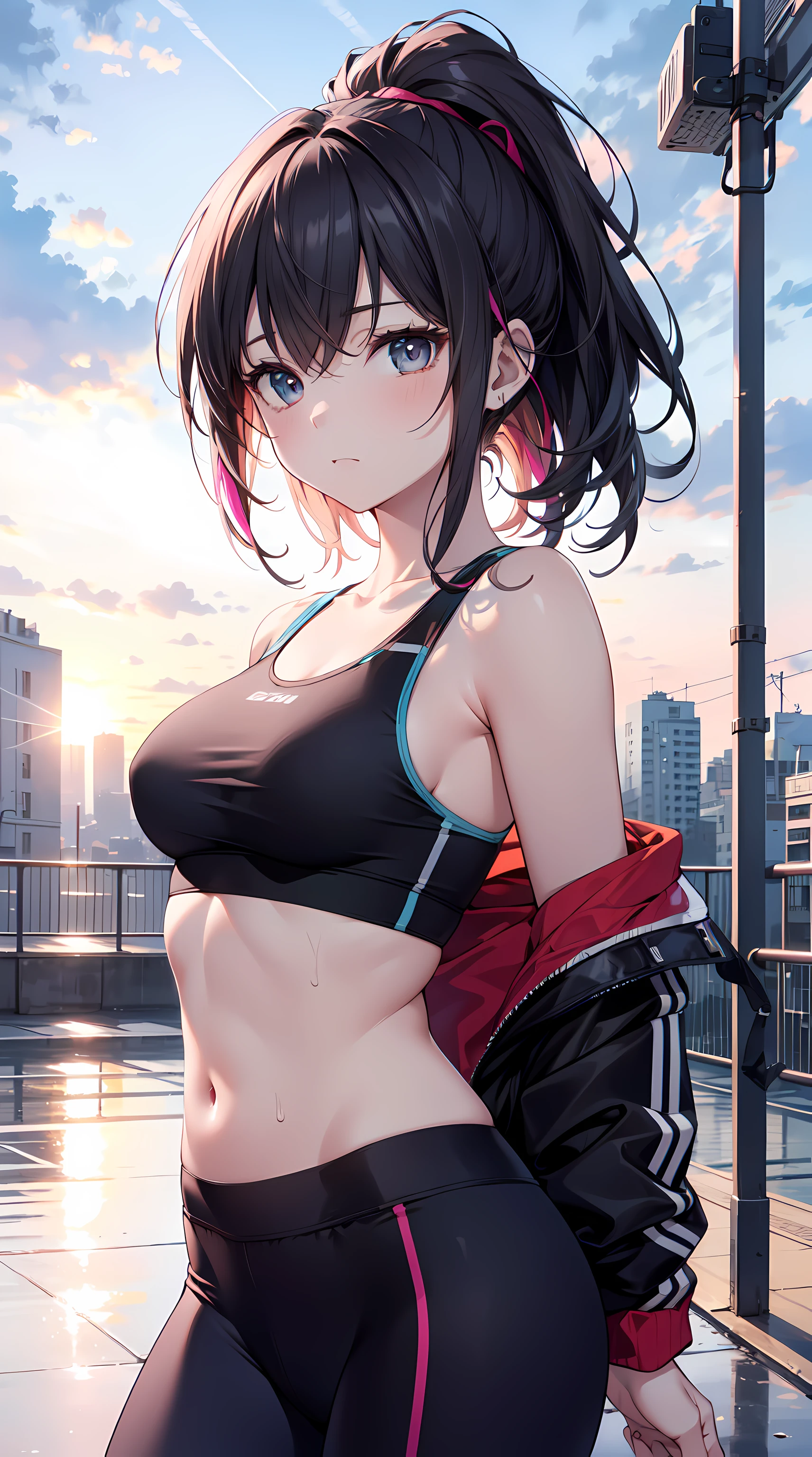 (Best quality at best, 4K, 8K, A high resolution, tmasterpiece:1.2), ultra - detailed, Nice face, detailedfacialfeatures, Breast size is moderate, Realistic skin, Wear a sports bra, Black leggings, jogging, Sweated, the sunset.(medium chest medium chest)，(A high resolution: 1.1), (actual: 0.9), (Sporty), (Vibrant colors), (perspired), (youthful), (dynamics), (Black leggings), (sport underwear), (jogging), (beautiful  detailed face), (detailedfacialfeatures), (Breast size is moderate),by the embankment