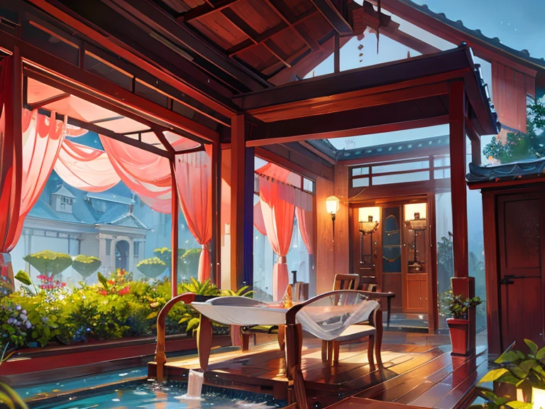 raining garden house, water bubbles, traditional china house