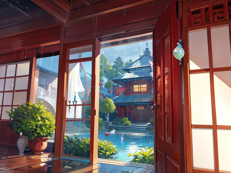 raining garden house, water bubbles, traditional china house