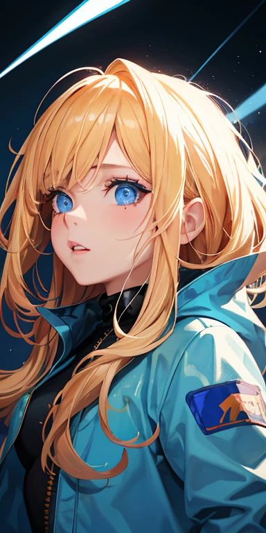 1girl, blond hair, blue eyes, blood, blue light particles, wallpaper, high contrast, colorful, left cheek electric scar, white and blue jumpsuit with orange jacket