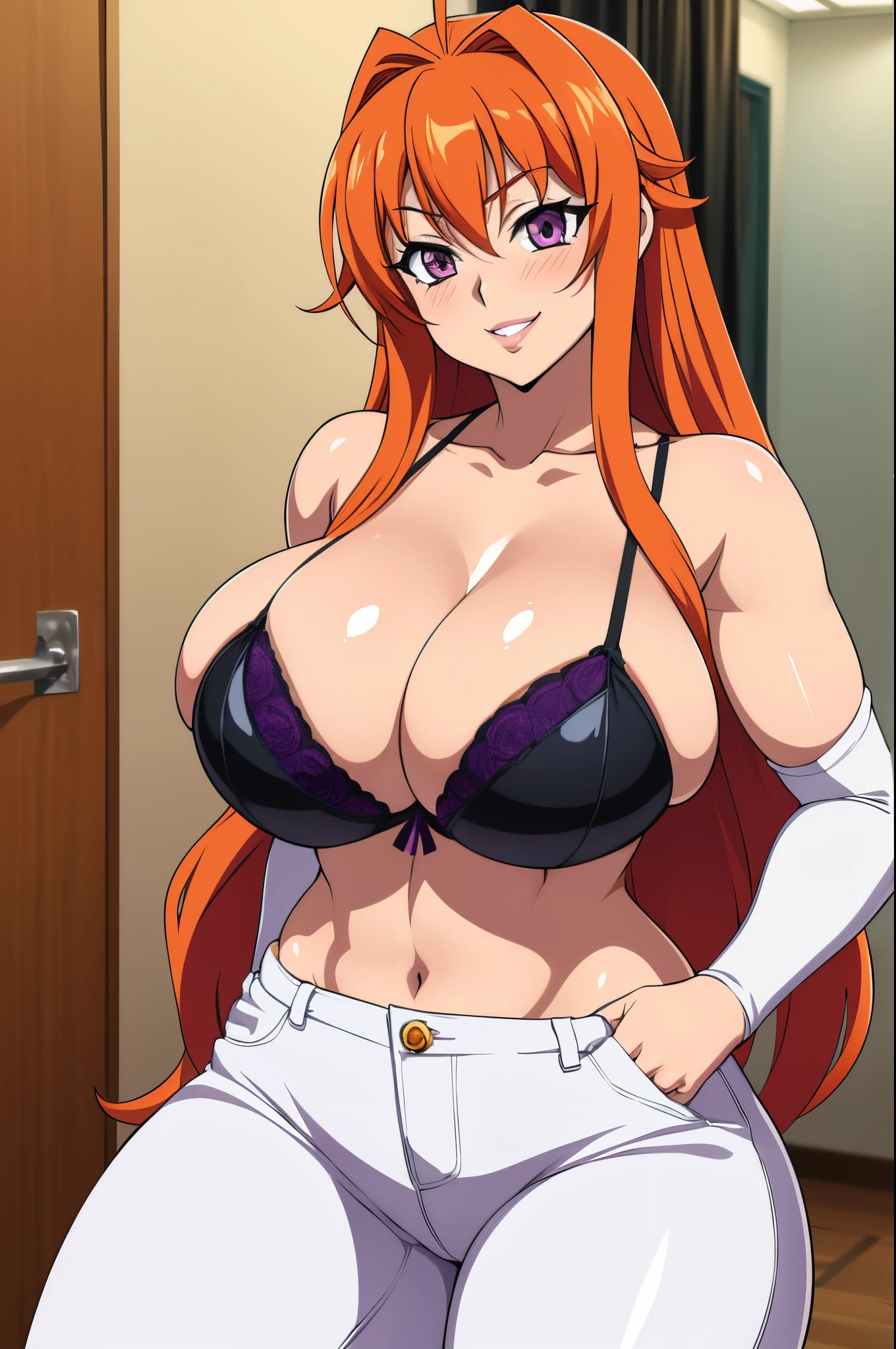 Highschool Dxd art style, Irina Shidou, 1 girl, ((bimbo))), long orange hair, purple eyes, thick lips, painted lips, erotic smile face, blushing, wide hips, thick thighs, thick, huge breast, huge round ass, oily shiny skin, white jeans, black bra, tall