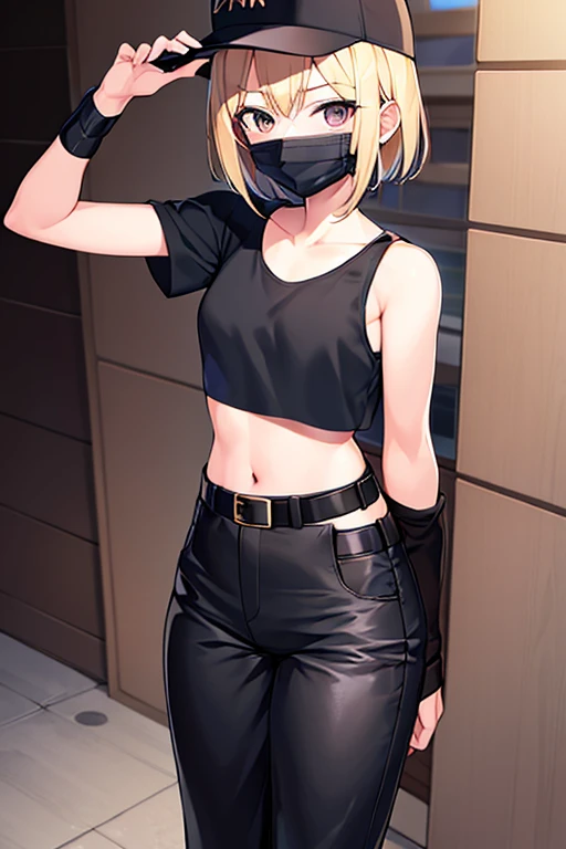 1girl, gakuran, black clothes, blonde hair, flat chest, black pants, pants, surgical mask, hat, baseball cap, short hair, black eyes, covered mouth, belt